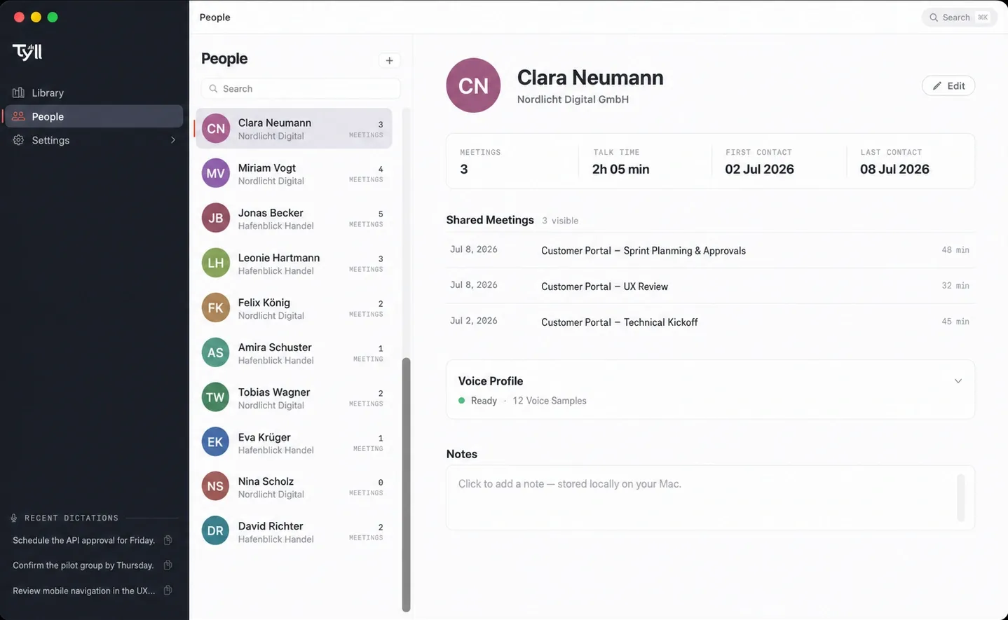 Tyll people directory with reusable voice profiles