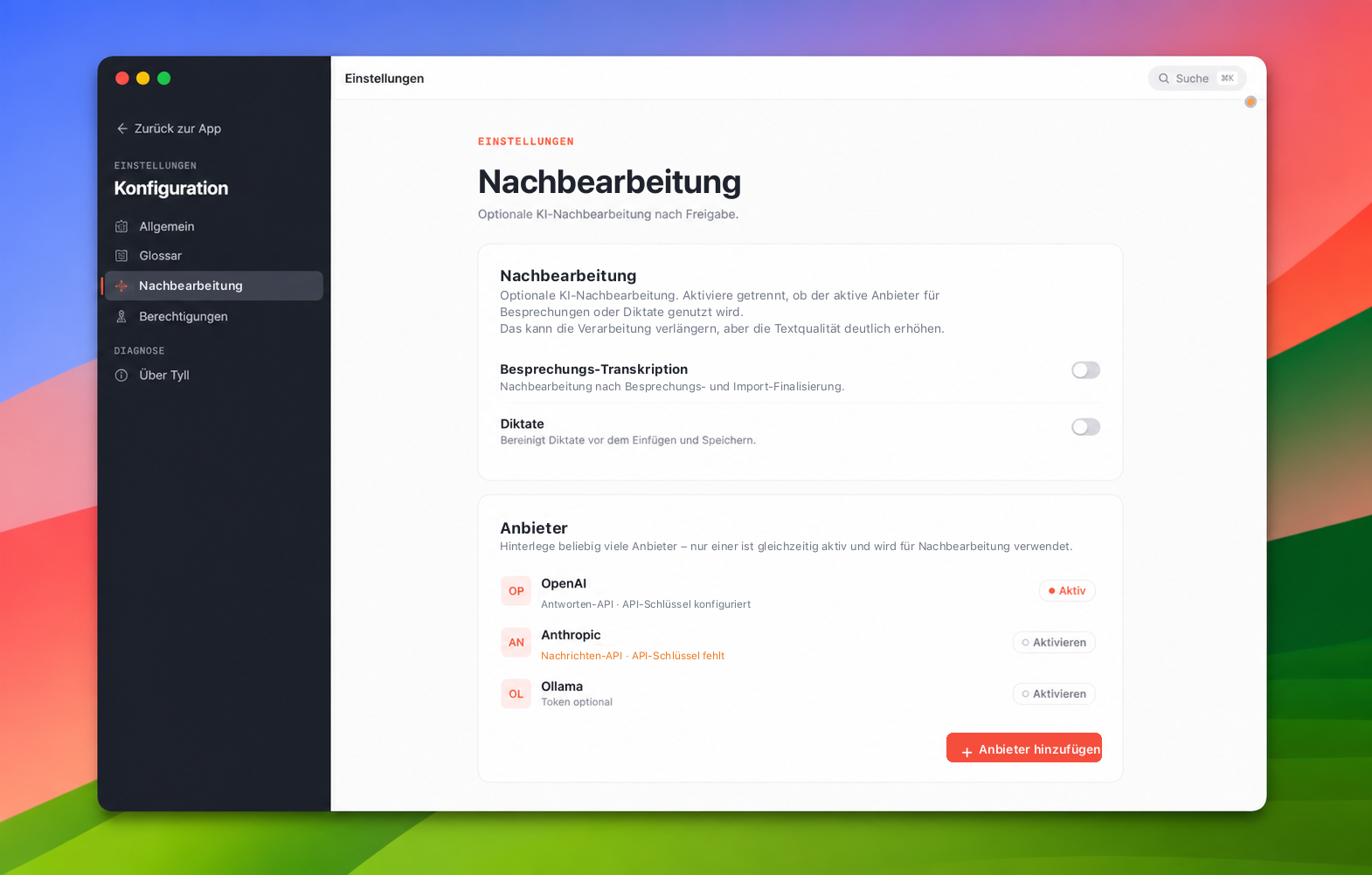 Tyll Enhancement-Einstellungen mit wählbaren KI-Providern